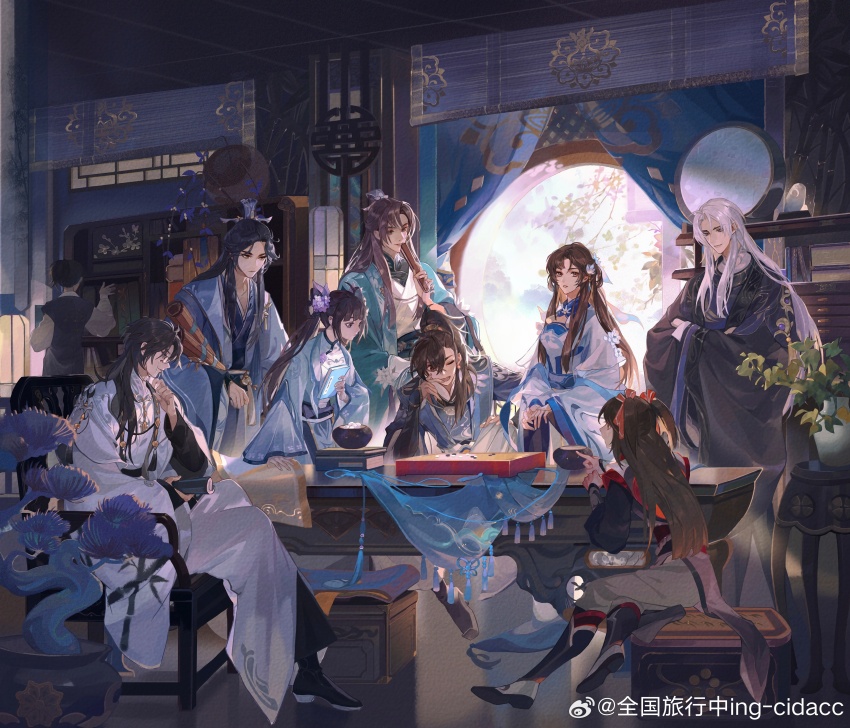 3girls, 6+boys, ;d, absurdres, ahoge, aoqun, aqua_coat, architecture, armchair, bai_ruier, bamboo_screen, bamboo_slips, black_boots, black_coat, black_hair, black_hanfu, black_pants, black_robe, black_sash, blue_collar, blue_hanfu, blue_jacket, blue_robe, blue_shawl, blunt_bangs, board_game, book, book_stack, bookshelf, boots, brown_eyes, brown_hair, cao_xiaoyue, chair, changmingsuo, chinese_clothes, chinese_commentary, closed_mouth, coat, collar, cowboy_shot, crossed_arms, crossed_bangs, curtained_hair, curtains, daxiushan, day, drawer, dress, east_asian_architecture, expressionless, flower, folded_fan, folding_fan, full_body, go_(board_game), grey_pants, hair_between_eyes, hair_flower, hair_ornament, hair_ribbon, hair_rings, half_updo, hand_fan, hand_on_own_chin, hanfu, hanging_scroll, high_ponytail, highres, holding, holding_book, holding_fan, holding_scroll, hua_yi_shanxin_zhiyue, indoors, jacket, ji_yuanqi, knee_up, lantern, ling_yan_ru, lips, long_hair, long_sleeves, looking_at_another, looking_at_viewer, looking_down, mole, mole_under_eye, monocle, moon_gate, multiple_boys, multiple_girls, nourfeiar, one_eye_closed, open_clothes, open_coat, open_mouth, own_hands_together, pants, pants_tucked_in, paper_lantern, parted_bangs, parted_lips, pelvic_curtain, pine_tree, plant, pointing, ponytail, potted_plant, purple_eyes, purple_flower, purple_hanfu, purple_robe, red_ribbon, ribbon, robe, sash, scroll, shawl, shelf, side_part, sideways_glance, sitting, smile, standing, stool, tassel, the_princess_(hua_yi_shanxin_zhiyue), tree, twintails, two_side_up, v_arms, vase, very_long_hair, waist_sash, watermark, weibo_watermark, wen_siyu, white_dress, white_flower, white_hair, white_hanfu, white_pants, white_robe, wide_sleeves, xiao_guan_(headdress), xuan_wangjun, yaopei, yellow_eyes, yu_ze, yuanlingpao, zhijupao