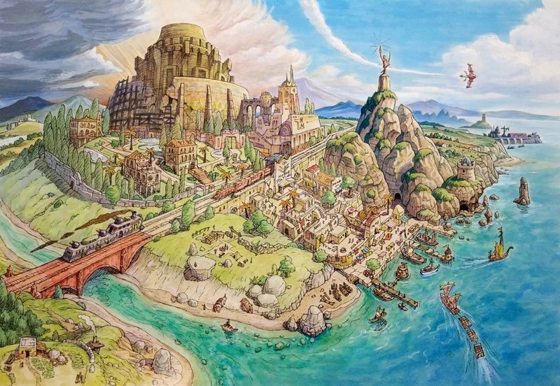 boat, city, cloud, grandia, grandia_xtreme, koichi_noda, ocean, official_art