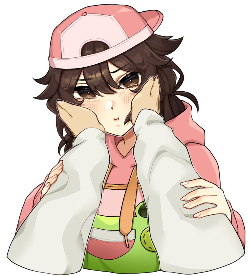 1girl, 1other, animal_print, backwards_hat, baseball_cap, bethy, blush, brown_eyes