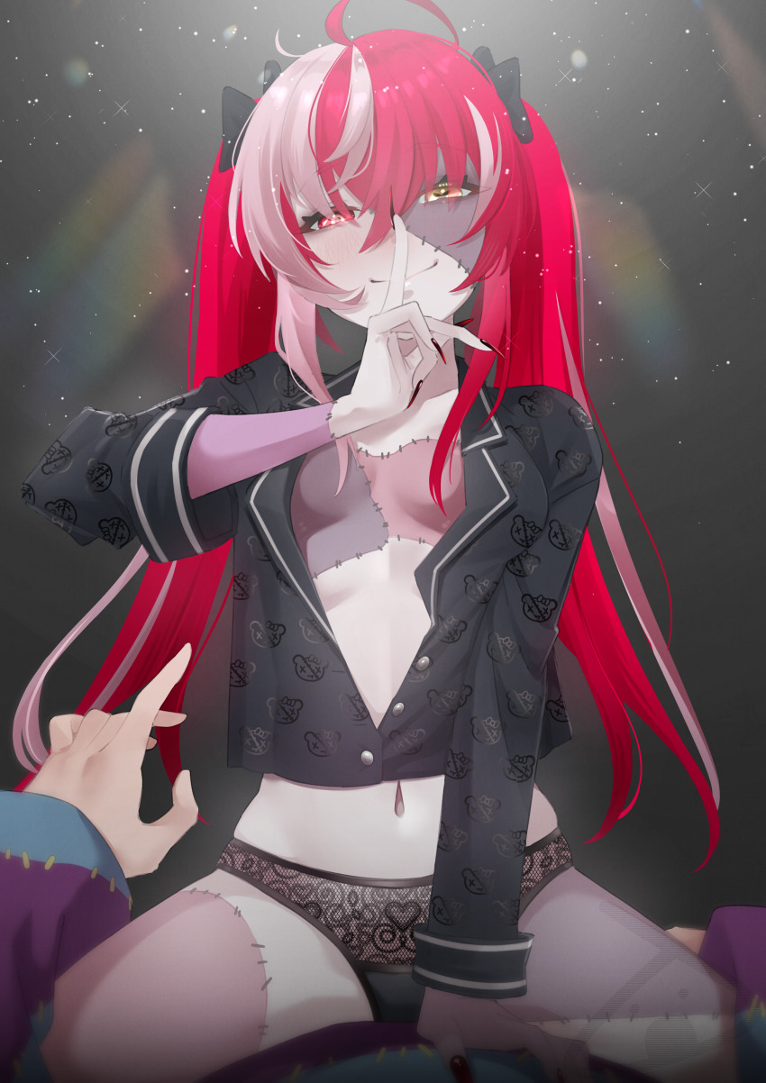 1girl, 1other, absurdres, ahoge, black_panties, black_shirt, breasts, closed_mouth