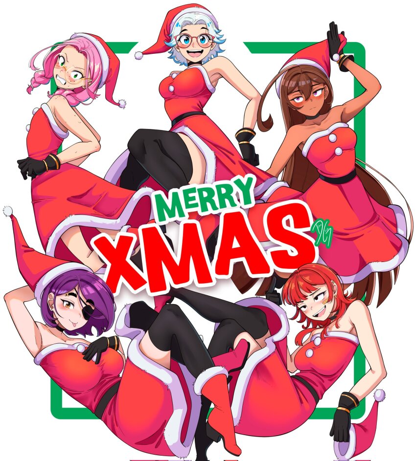 5girls, bandaid, bandaid_on_cheek, bandaid_on_face, black_choker, black_eyes, black_gloves, black_thighhighs