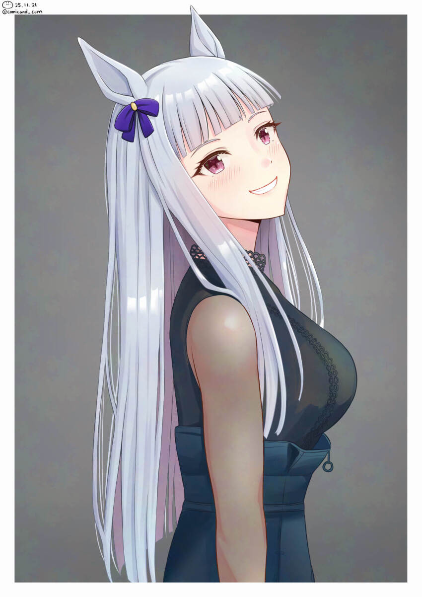 1girl, animal_ears, blunt_bangs, bow, bright_pupils, commentary_request, cosplay, dated