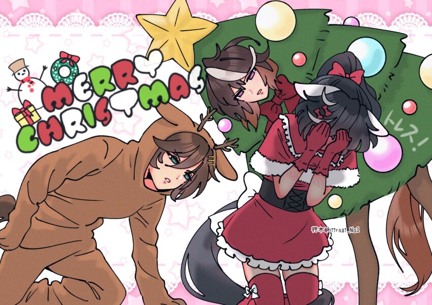 3girls, alternate_costume, animal_costume, animal_ears, antlers, artist_name, black_corset, black_hair