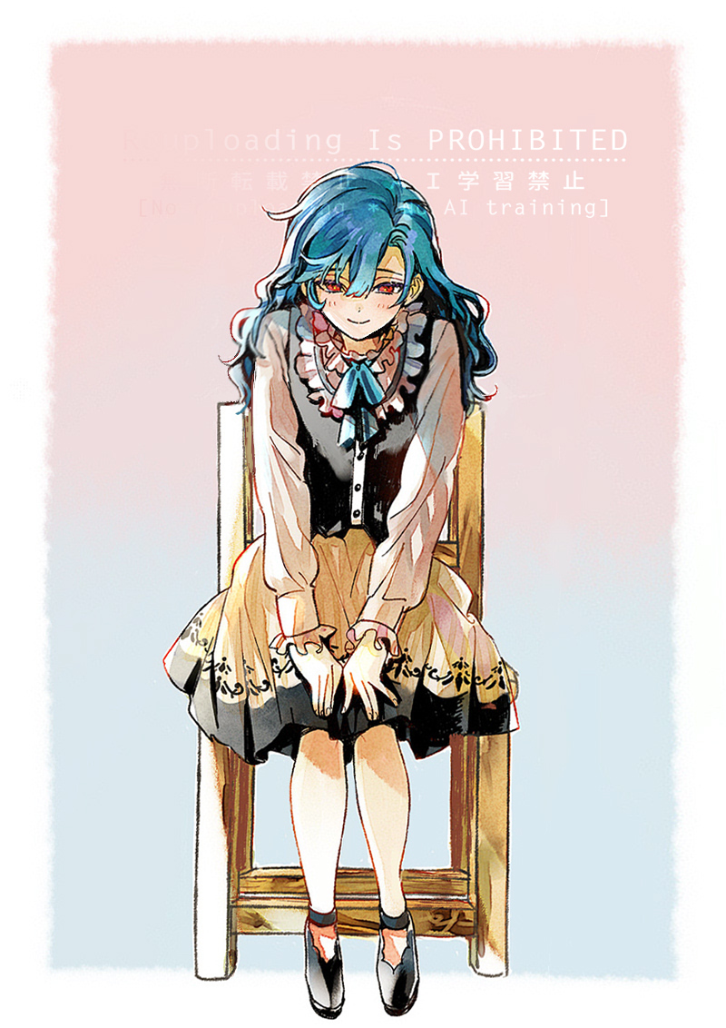 1girl, akuma_shitsuji_to_kuroi_neko, bib_collar, black_shoes, black_vest, blue_background, blue_hair, blush