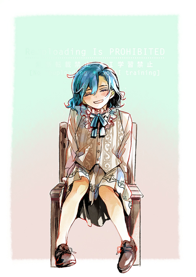 1girl, ^_^, akuma_shitsuji_to_kuroi_neko, bib_collar, blue_hair, blue_ribbon, blush, border