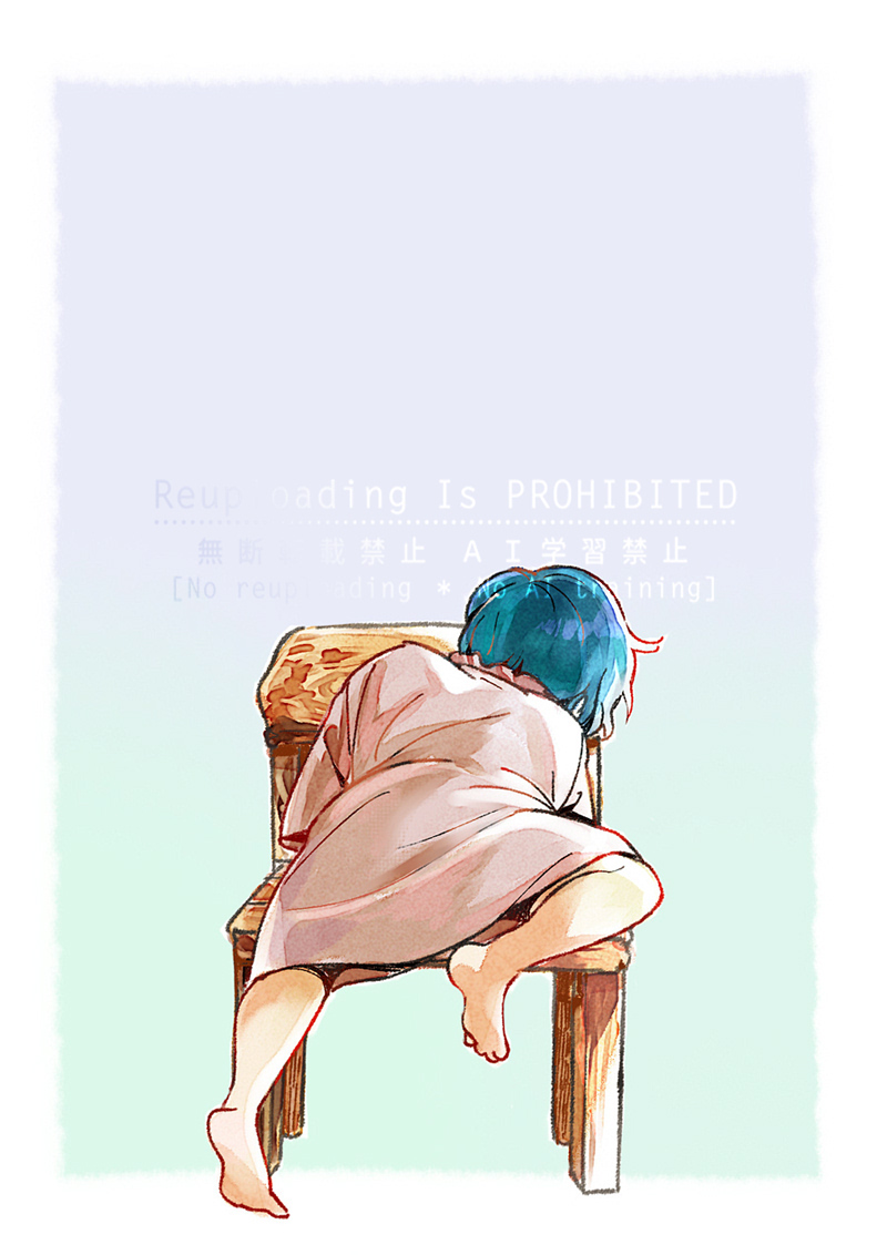 1girl, akuma_shitsuji_to_kuroi_neko, aqua_background, back, bare_legs, barefoot, blue_hair, border