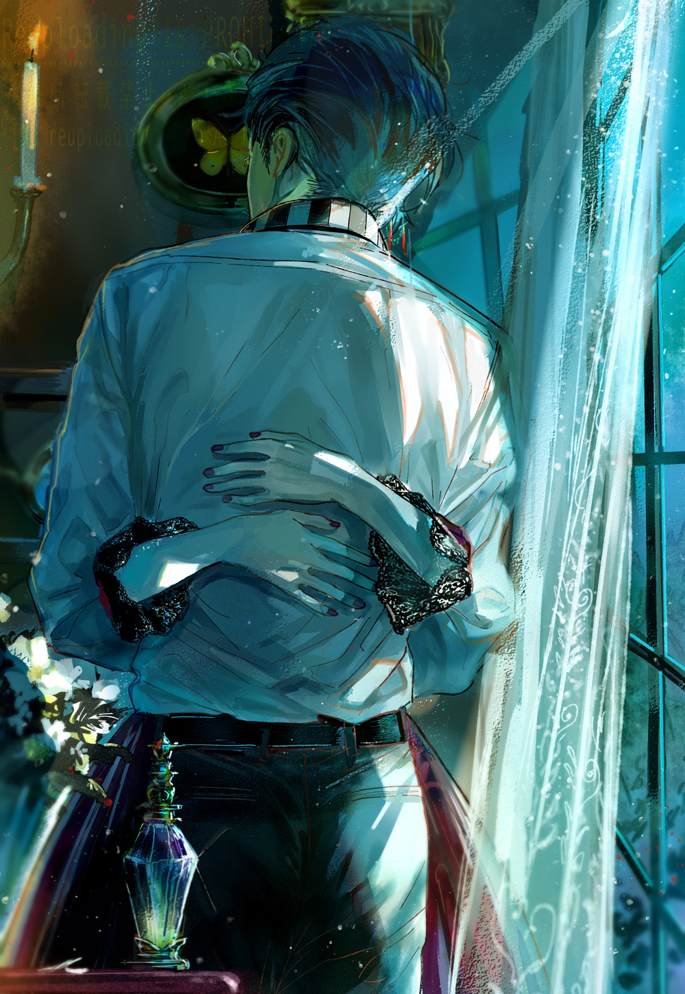 1boy, 1girl, akuma_shitsuji_to_kuroi_neko, arms_around_another's_waist, back, belt, black_belt, black_lace_trim