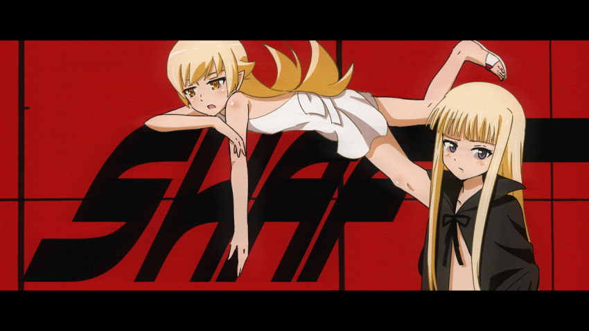 2girls, apron, bare_arms, bare_legs, black_border, blonde_hair, blunt_bangs, border, bored, bow, cape, closed_mouth, collarbone, company_connection, company_name, cosplay, evangeline_a.k._mcdowell, flipped_hair, footwear_bow, from_side, full_body, grid_background, hair_between_eyes, hair_flaps, hand_rest, hanging_legs, hazuki_(tsukuyomi), hazuki_(tsukuyomi)_(cosplay), jitome, leg_up, letterboxed, light_blush, long_hair, looking_at_viewer, lying, mahou_sensei_negima!, monogatari_(series), multiple_girls, naked_cape, on_stomach, open_mouth, orange_eyes, oshino_shinobu, pointy_ears, purple_eyes, red_background, ringed_eyes, sandals, shaft_(company), shoes, sonikkusupin, straight_hair, trait_connection, tsukuyomi_moonphase, upper_body, very_long_hair, waist_bow, white_apron, white_shoes, wispy_bangs