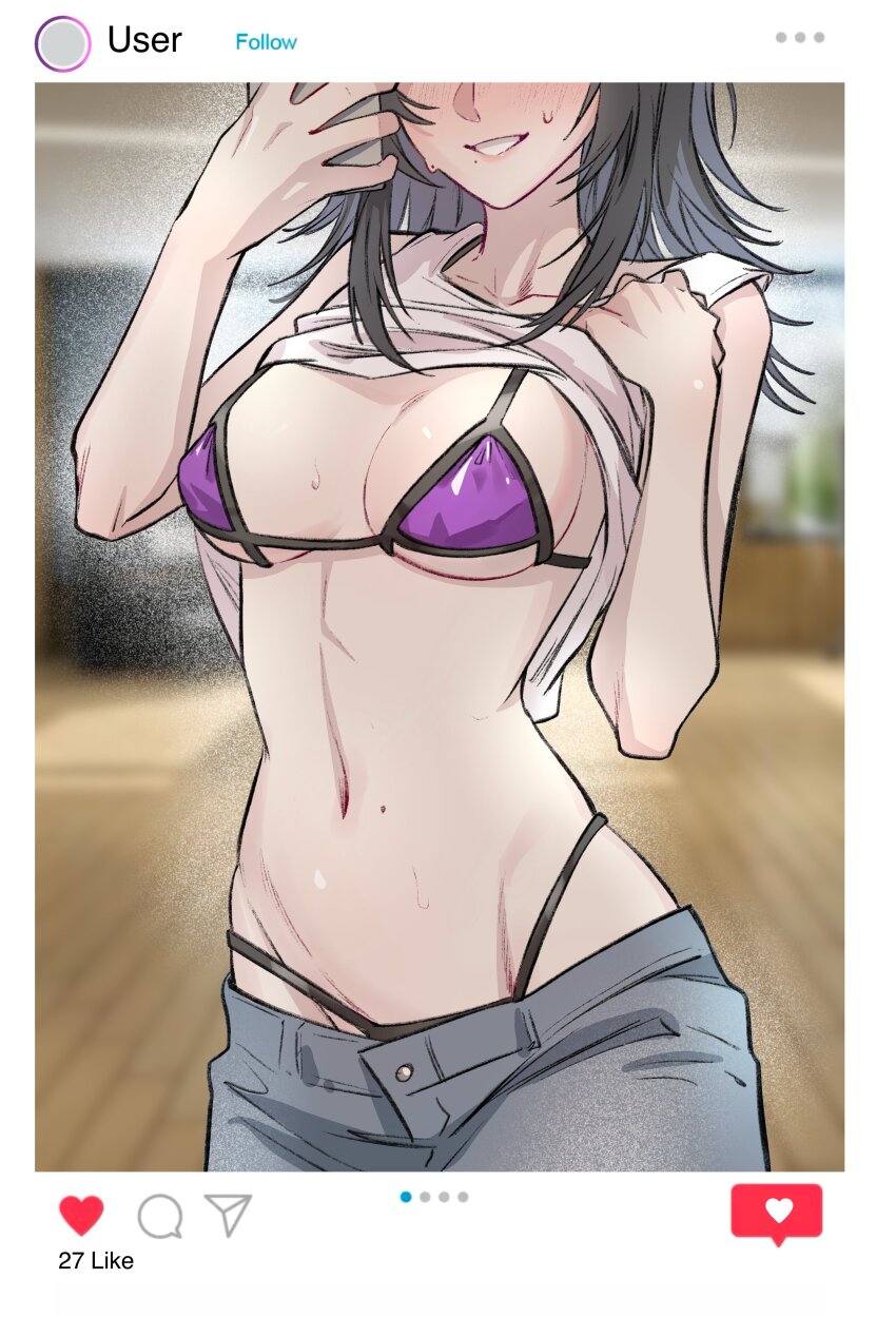 1girl, absurdres, bang_dream!, bang_dream!_it's_mygo!!!!!, bikini, bikini_under_clothes, black_hair, chinese_commentary, clothes_lift, commentary_request, fake_screenshot, hero45439083942, highres, mole, mole_on_stomach, mole_under_mouth, open_mouth, original, purple_bikini, selfie, shiina_mirei, shirt_lift, solo, sweat, swimsuit, tank_top, white_tank_top