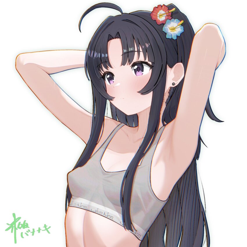 1girl, ahoge, armpits, arms_up, awa_subaru, black_hair, breasts, calvin_klein, chromatic_aberration, closed_mouth, collarbone, commentary_request, covered_erect_nipples, flower, girls_band_cry, gohannanaki, grey_sports_bra, hair_flower, hair_ornament, hair_over_breasts, highres, long_hair, one_side_up, parted_bangs, purple_eyes, simple_background, small_breasts, solo, sports_bra, tying_hair, upper_body, white_background