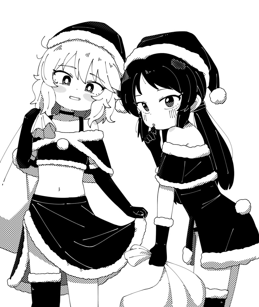 2girls, absurdres, blush, christmas, commentary, dress, elbow_gloves, english_commentary