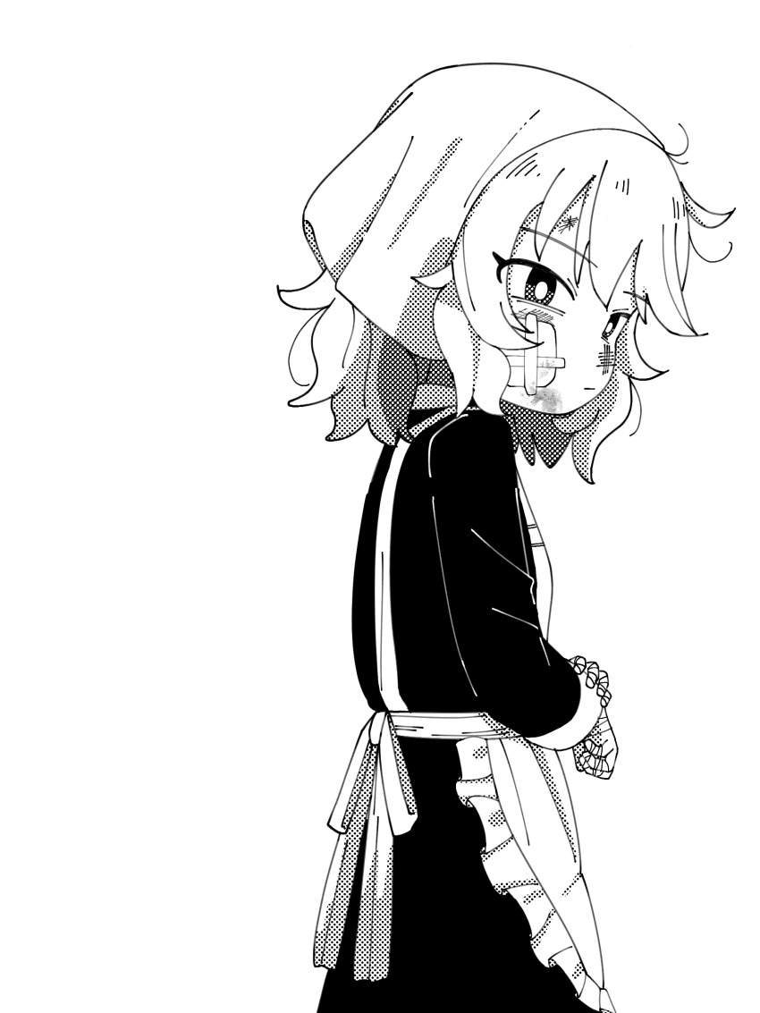 1girl, absurdres, abuse, alternate_costume, apron, bandaged_hand, bandages, bruise