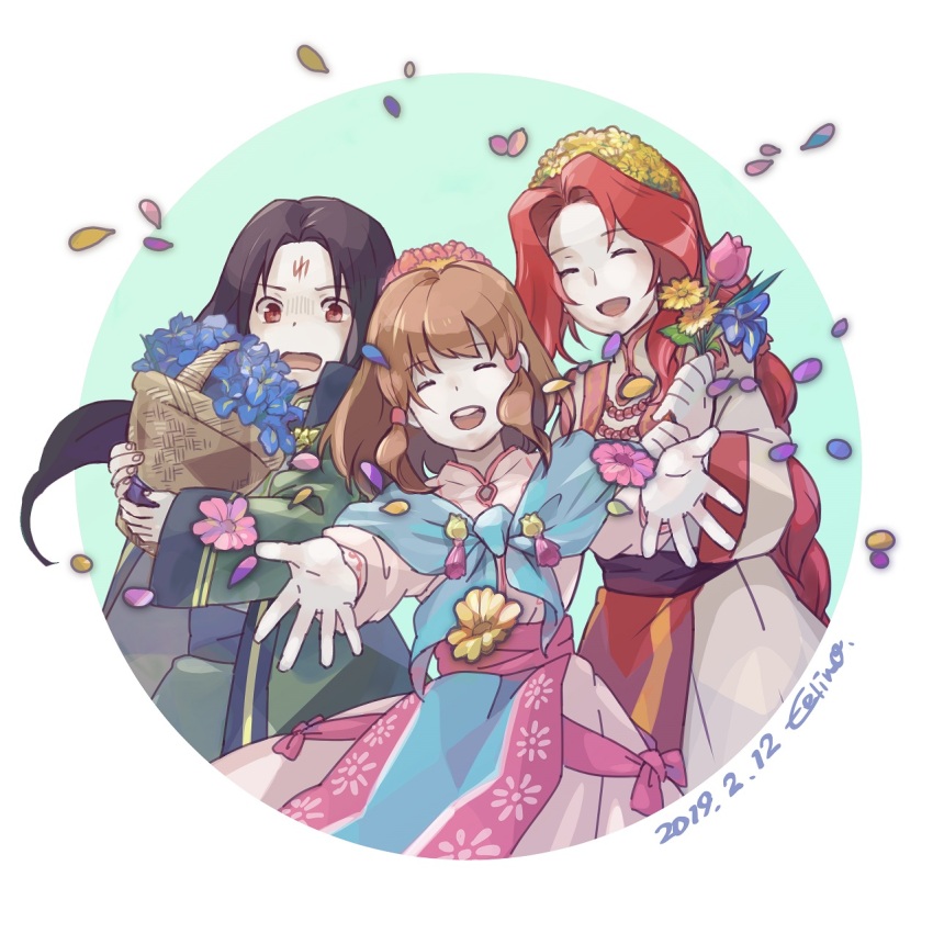 1boy, 2girls, artist_name, basket, black_hair, border, brown_hair, closed_eyes