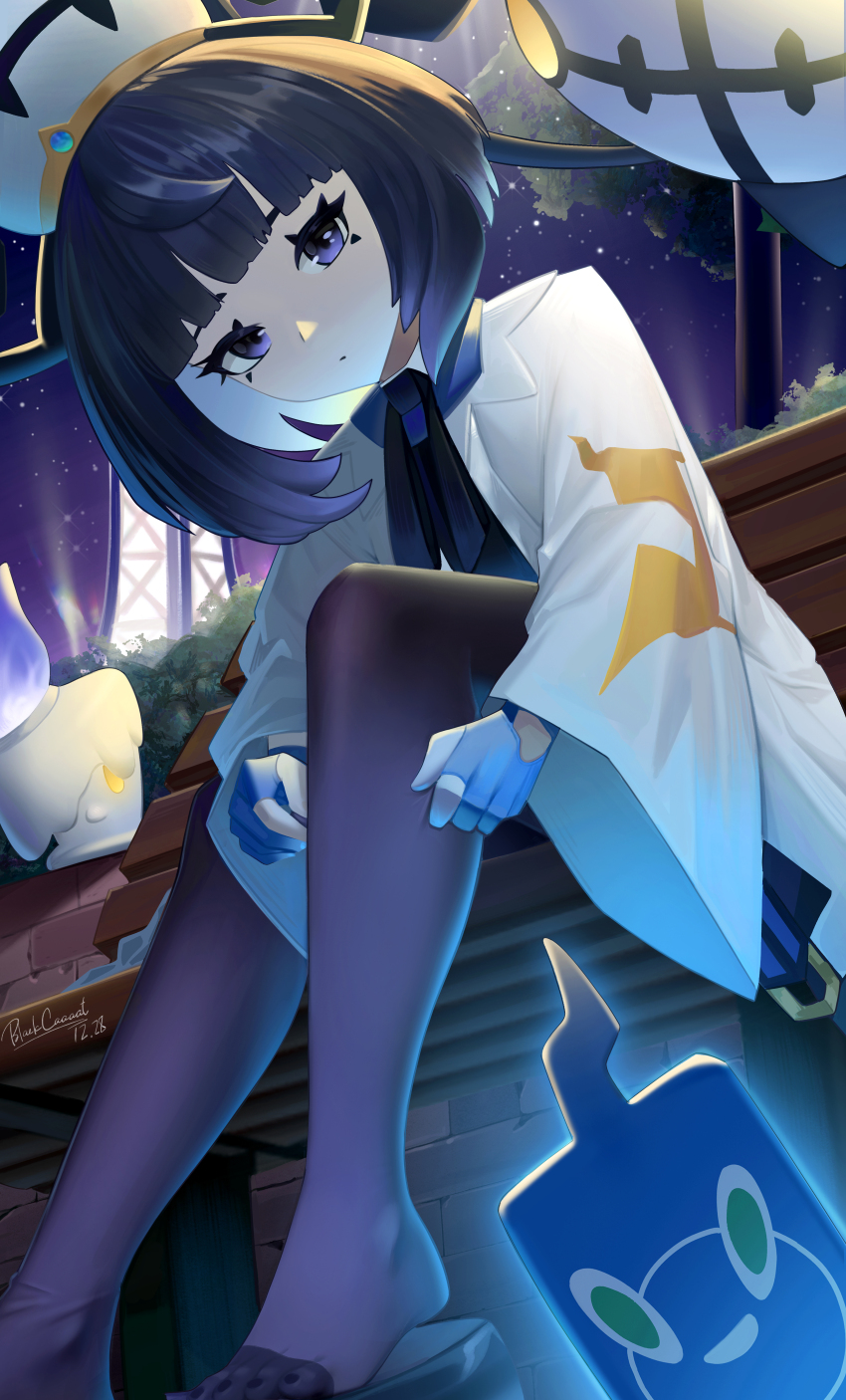 1girl, absurdres, blackcaaaat, chandelure, gen_5_pokemon, gwynn_(pokemon), highres, litwick, nintendo, pokemon, pokemon_(creature), pokemon_legends:_z-a, purple_eyes, purple_hair, rotom, rotom_phone, short_hair