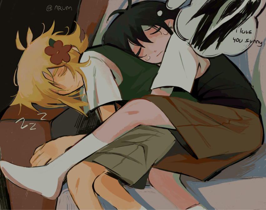 2boys, antenna_hair, artist_name, arum_0m0, basil_(faraway)_(omori), basil_(omori), black_hair, black_sweater_vest, blonde_hair, brown_shorts, closed_eyes, closed_mouth, collared_shirt, flower, green_sweater_vest, hair_flower, hair_ornament, highres, lying, male_focus, multiple_boys, omori, on_side, shirt, short_hair, short_sleeves, shorts, sidelocks, sleeping, socks, something_(omori), spoilers, sunny_(omori), sweater_vest, white_shirt, white_socks, yaoi, zzz