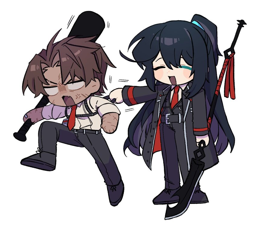 2boys, angry, baseball_bat, black_hair, black_pants, black_shoes, black_vest, chest_harness