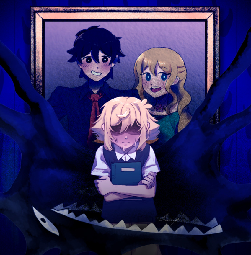 1boy, antenna_hair, basil's_father_(omori), basil's_mother_(omori), basil_(faraway)_(omori), basil_(omori), book, closed_mouth
