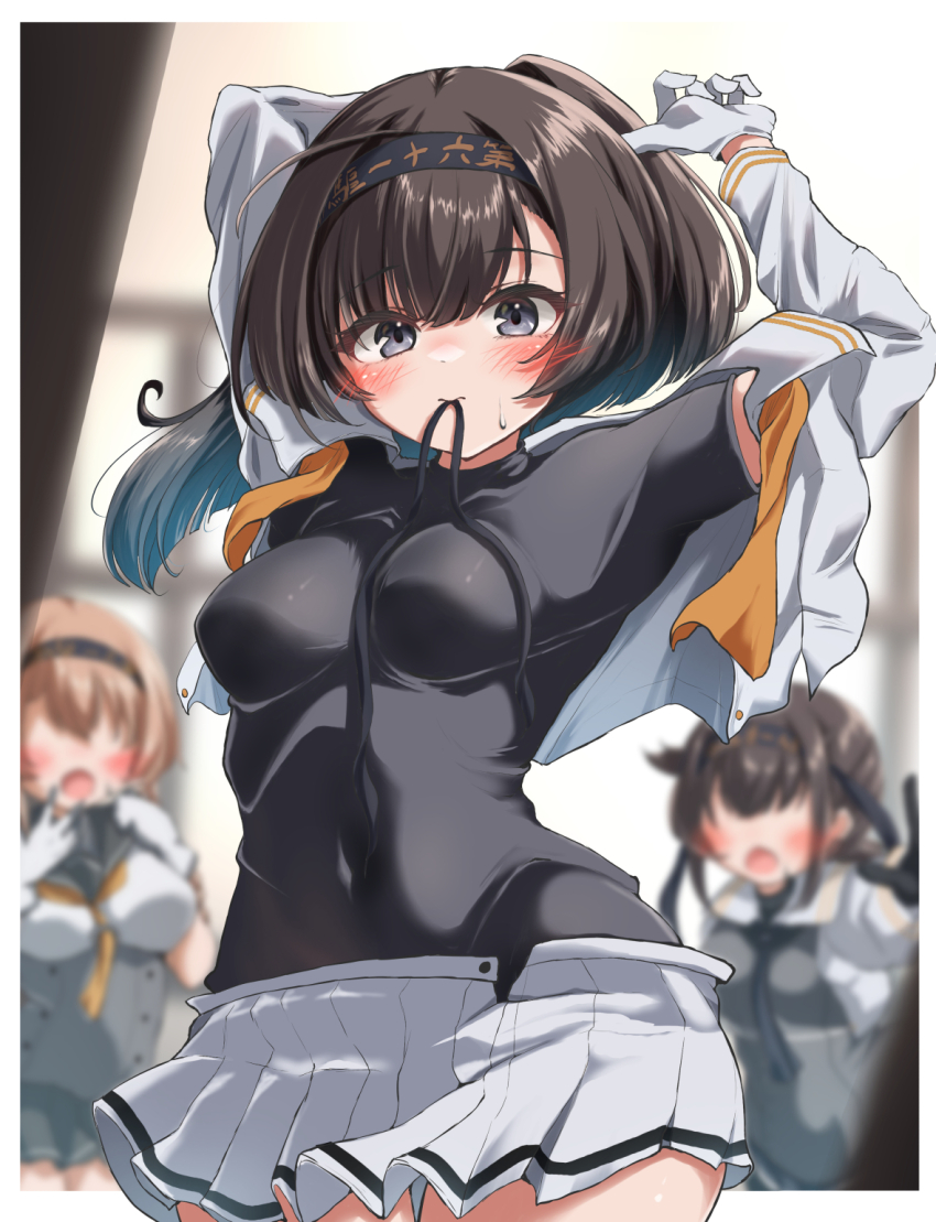 3girls, akizuki_(kancolle), akizuki_kai_ni_(kancolle), black_hair, black_headband, black_shirt, commentary_request, dressing