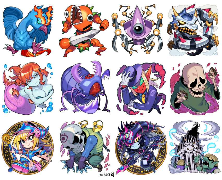 2girls, alinsection, bare_shoulders, bird, blocker_(yu-gi-oh), blonde_hair, blue-winged_crown, blue_boots, blue_hat, blue_skirt, blush_stickers, boots, brave_scizzar, bug, chibi, chibi_only, colored_skin, commentary_request, dark_assailant, dark_magician_girl, dark_magician_of_chaos, dragon, duel_monster, enchanting_mermaid, green_robe, hair_between_eyes, hat, highres, holding, holding_staff, holding_wand, long_hair, mermaid, metal_dragon_(yu-gi-oh), monster_girl, multiple_girls, non-humanoid_robot, one-eyed, orange_hair, red_skin, robe, robot, robot_dragon, sido_(slipknot), skeleton, skirt, smile, soul-absorbing_bone_tower, staff, sword, the_wandering_doomed, wand, weapon, witty_phantom, wizard_hat, yu-gi-oh!