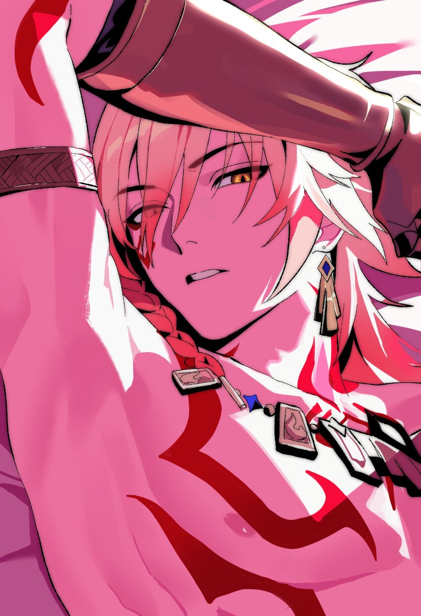 1boy, absurdres, arm_tattoo, armlet, armpit_focus, armpits, blonde_hair, braid