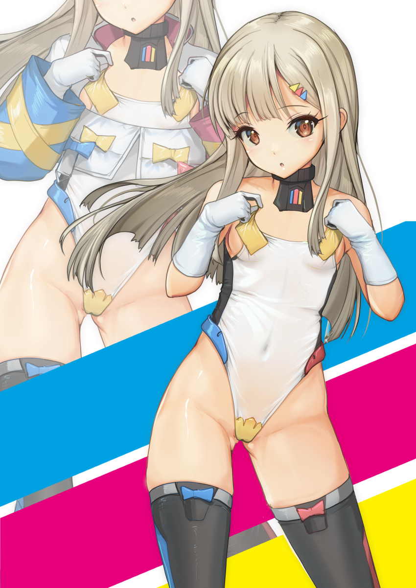 1girl, absurdres, alice_gear_aegis, black_thighhighs, breasts, brown_eyes, commentary_request, contrapposto