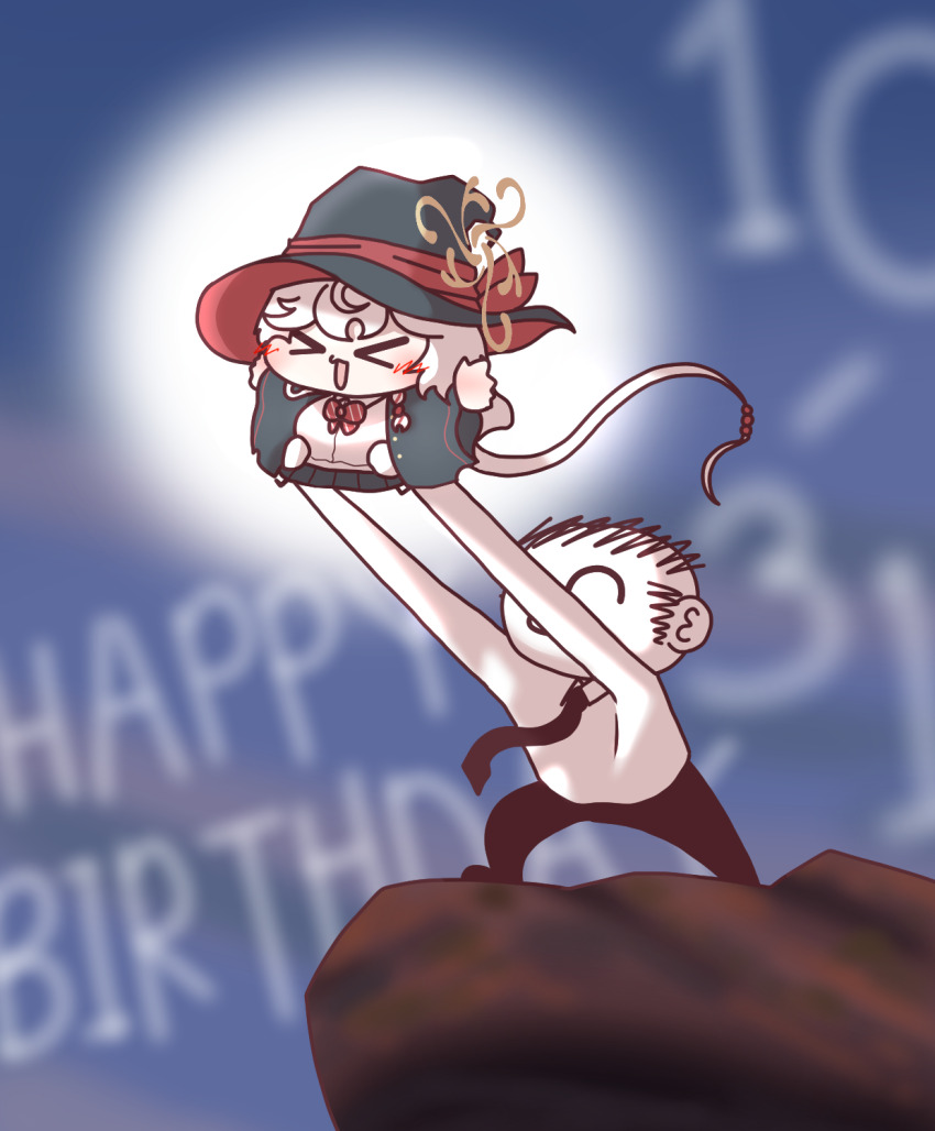 >_<, 1boy, 1girl, :3, black_necktie, blue_archive, blue_sky, closed_eyes