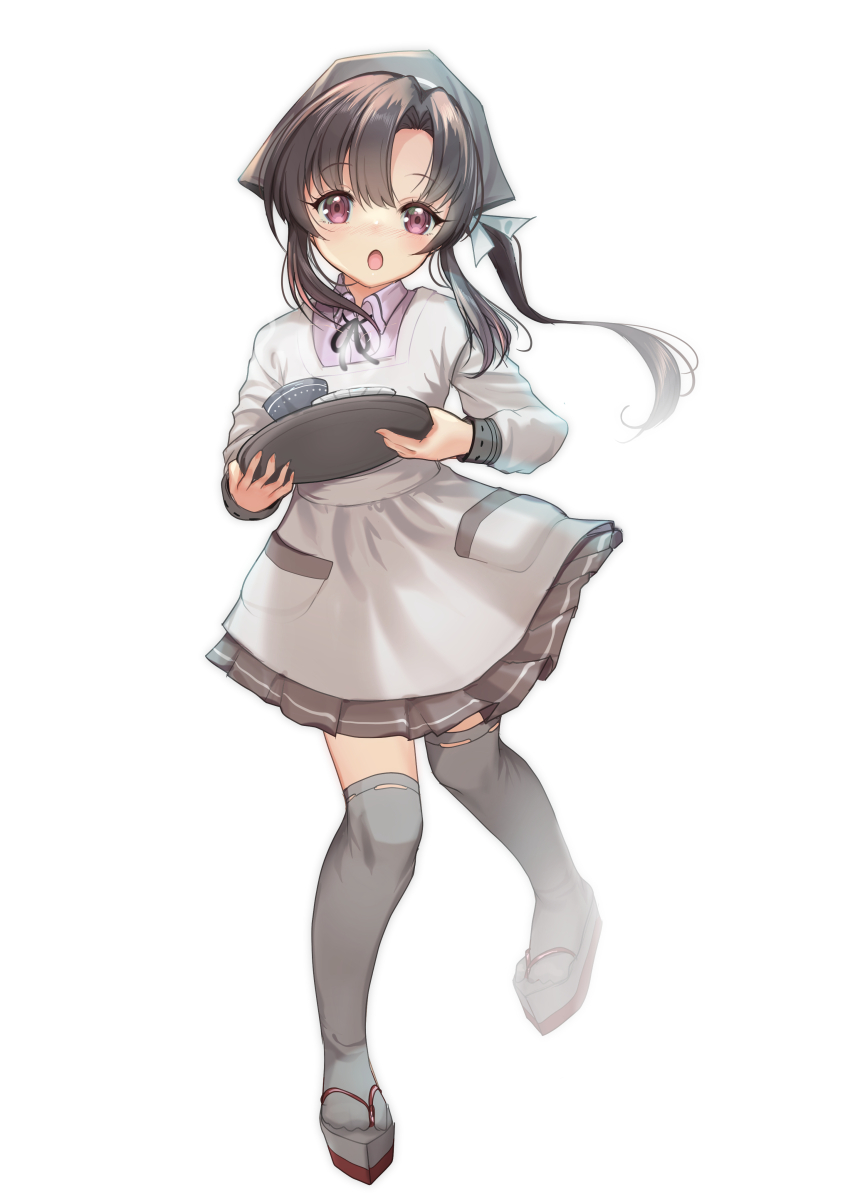 1girl, absurdres, apron, bandana, black_hair, bowl, collared_shirt, commentary_request