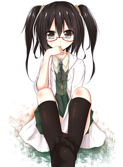 10s, 1girl, alternate_hairstyle, black_eyes, black_hair, boku_wa_tomodachi_ga_sukunai, female_focus, glasses, kyowosuke, lab_coat, red-framed_eyewear, sasa-megumi-nation, school_uniform, semi-rimless_eyewear, shiguma_rika, socks, solo, test_tube, twintails, under-rim_eyewear