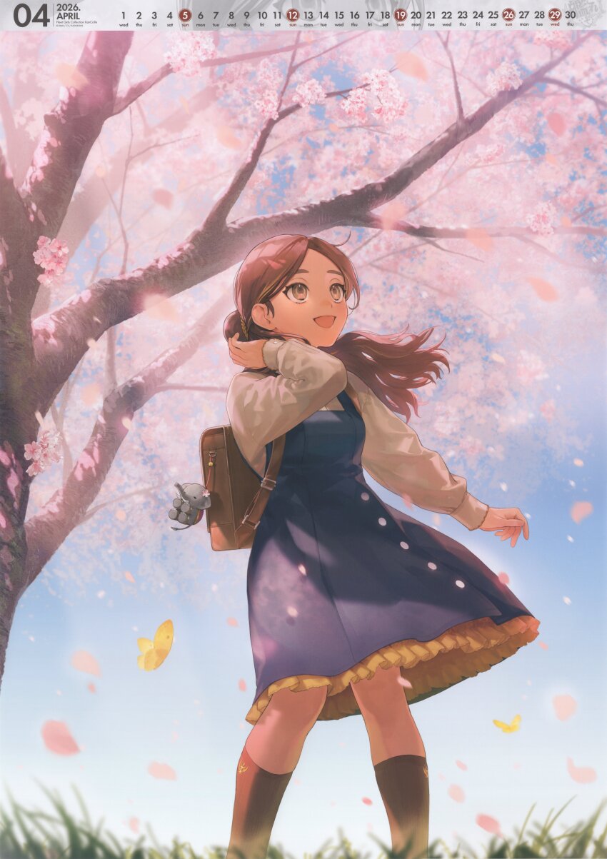 1girl, absurdres, april, backpack, bag, black_dress, brown_eyes, brown_hair, calendar_(medium), cherry_blossoms, collared_shirt, dark-skinned_female, dark_skin, dress, dress_shirt, elephant, feet_out_of_frame, hair_bun, highres, incredibly_absurdres, kantai_collection, looking_up, official_art, pinafore_dress, shirt, sleeveless, sleeveless_dress, smile, solo, sumino_(c2_kikan), thonburi_(kancolle), tree, white_shirt, wind