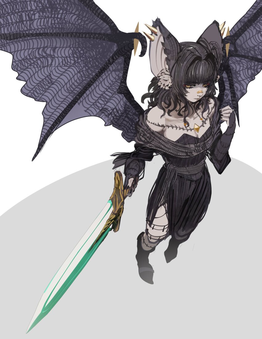 1girl, absurdres, animal_ear_fluff, animal_ear_piercing, animal_ears, bare_shoulders, bat_ears, bat_girl, bat_wings, black_dress, black_hair, black_nails, breasts, cleavage, closed_mouth, commentary, dark_souls_(series), dark_souls_ii, dress, english_commentary, full_body, gem, highres, holding, holding_sword, holding_weapon, long_hair, long_sleeves, lydia_the_bat, monster_girl, moonlight_greatsword, original, simple_background, small_breasts, solo, sword, tomatolover16, weapon, white_background, wings, yellow_eyes, yellow_gem