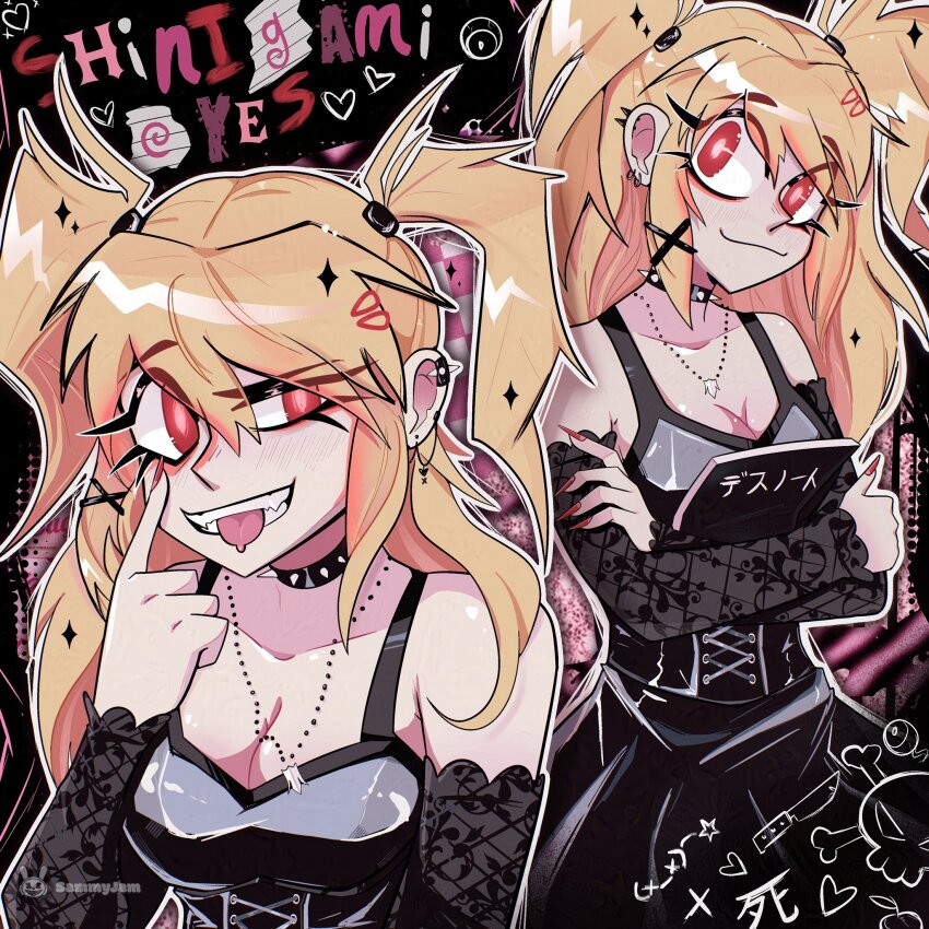 1girl, :3, amane_misa, bare_shoulders, black_choker, black_dress, blonde_hair, book