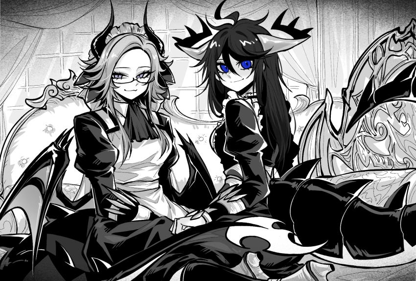 2girls, ahoge, aotsuki_eito, apron, ascot, blue_eyes, breasts, chinese_commentary, commentary_request, cosplay, couch, dragon_girl, dragon_horns, dragon_tail, dragon_wings, dress, evarina55, frilled_apron, frills, genderswap, genderswap_(mtf), glasses, greyscale, highres, horns, house_dragonmaid, house_dragonmaid_(cosplay), juliet_sleeves, kemonomimi_mode, kitchen_dragonmaid, kitchen_dragonmaid_(cosplay), long_hair, long_sleeves, looking_at_viewer, low_wings, maid, maid_apron, maid_headdress, medium_breasts, monochrome, multicolored_hair, multiple_girls, on_couch, puffy_sleeves, purple_eyes, semi-rimless_eyewear, sitting, slit_pupils, smile, spot_color, streaked_hair, sumino_takumi, tail, the_hundred_line_-last_defense_academy-, wings, yu-gi-oh!