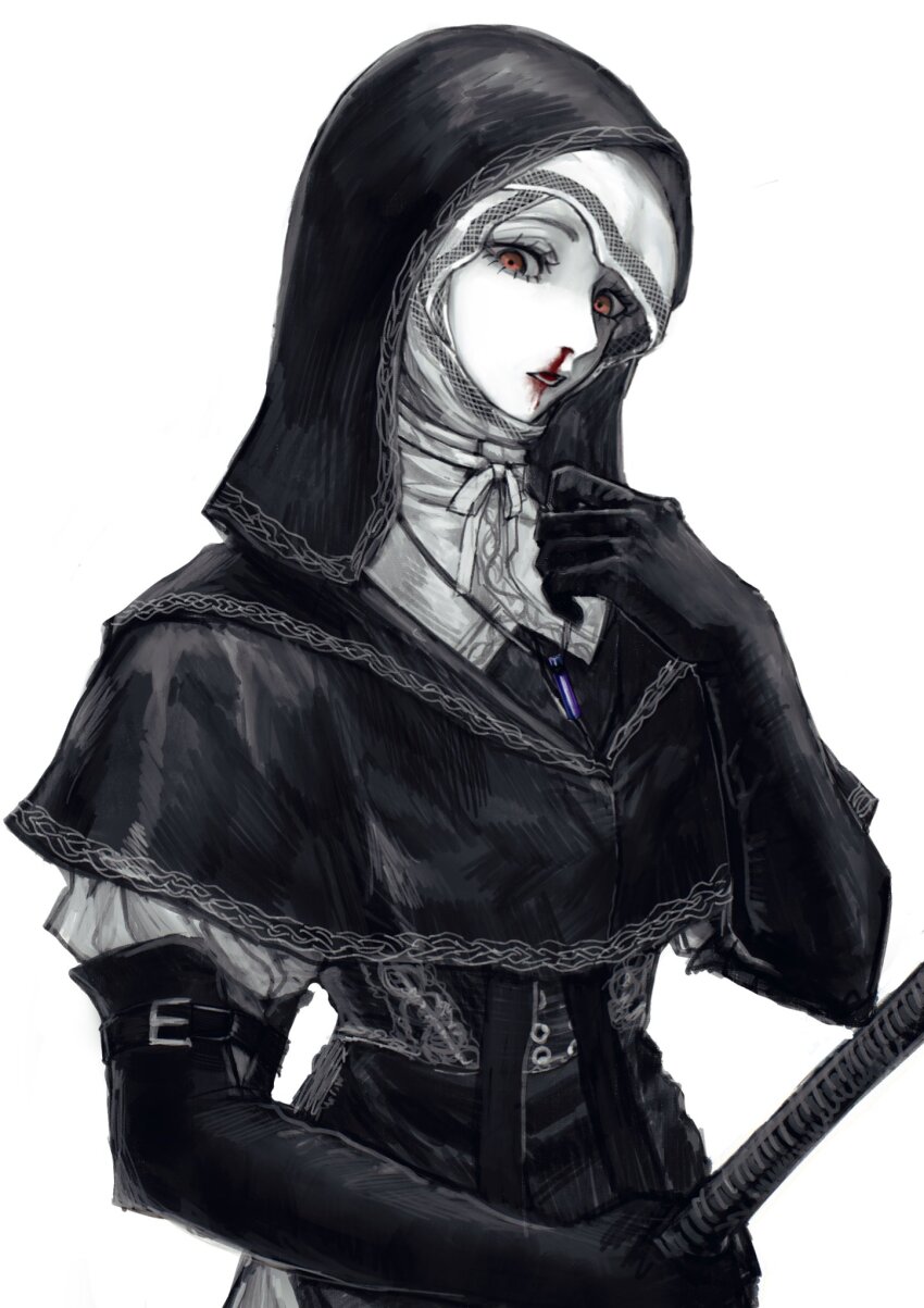 1girl, black_capelet, black_corset, black_gloves, black_hood, blood, blood_in_mouth, buckle, capelet, coif, corset, crystal, elbow_gloves, elden_ring, elden_ring_nightreign, gloves, hand_up, highres, holding, holding_mace, holding_weapon, jewelry, looking_down, mace, necklace, nosebleed, nun, open_mouth, pale_skin, red_eyes, rens0o, solo, undertaker_(elden_ring), upper_body, weapon, white_background