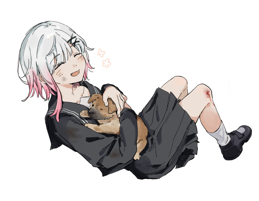 1girl, :d, animal, baby_animal, black_serafuku, black_shirt, black_shoes, black_skirt