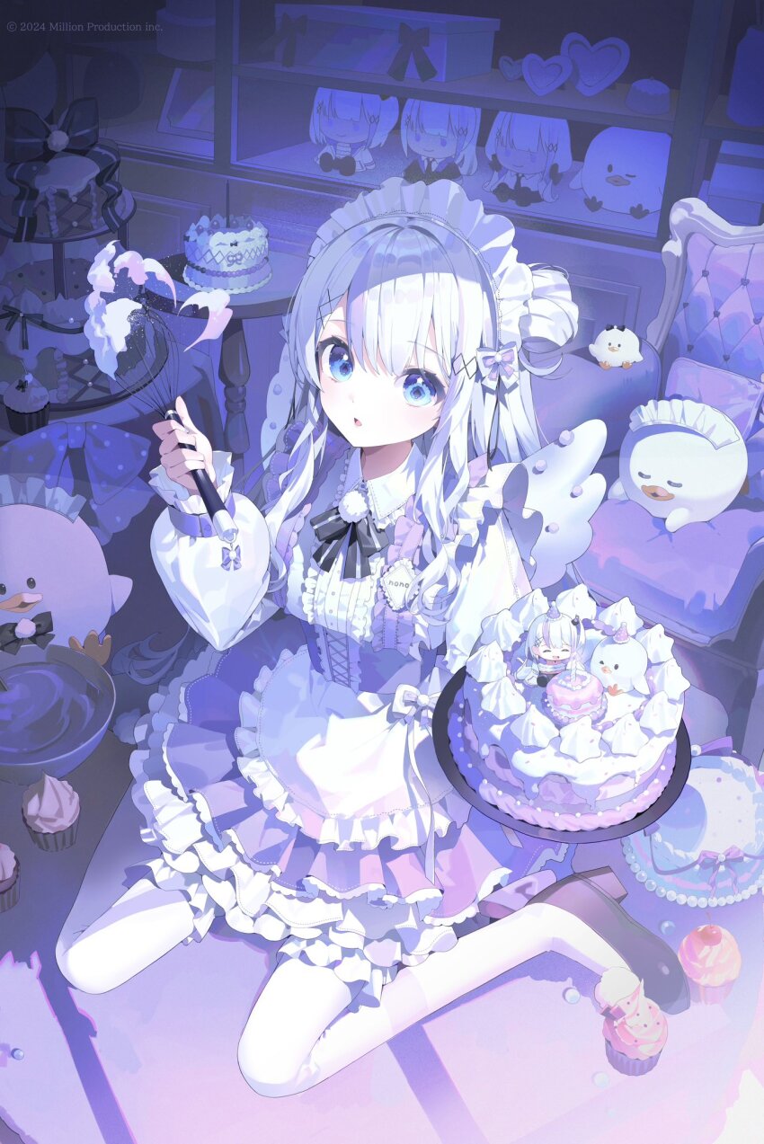 1girl, 2024, apron, black_bow, black_bowtie, blue_eyes, bow, bowtie