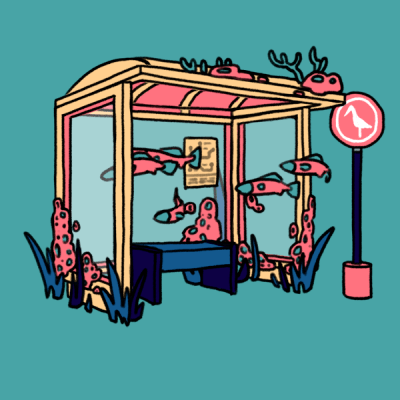 animal, animal_print, aqua_background, barnacle, bench, bird_print, bus_stop, bus_stop_shelter, bus_stop_sign, commentary, coral, english_commentary, fish, flying_fish, grass, limited_palette, lowres, map, mellific, no_humans, original, picrew_(medium), plant, scenery, sign, simple_background, window