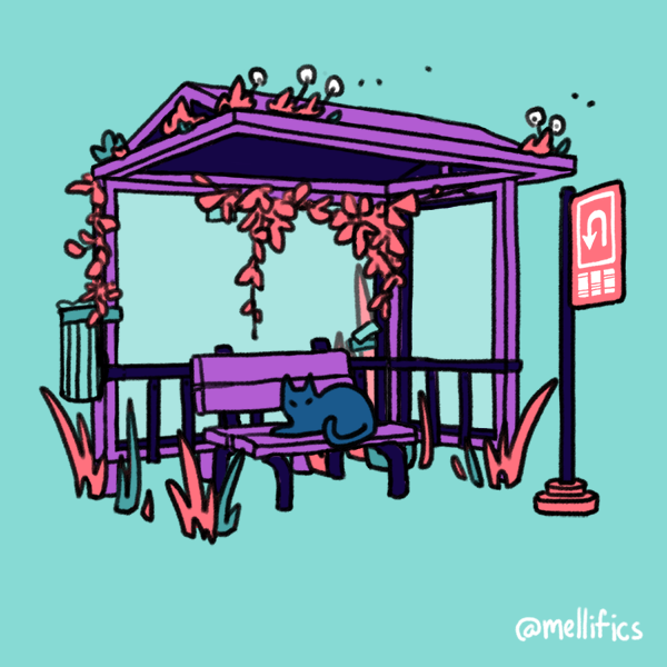 alt_text, animal, aqua_background, artist_name, bench, blue_cat, bus_stop, bus_stop_shelter