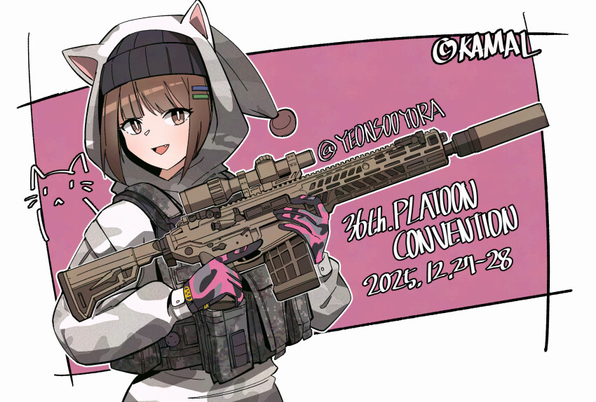 1girl, battle_rifle, brown_eyes, brown_hair, bulletproof_vest, gloves, gun, highres