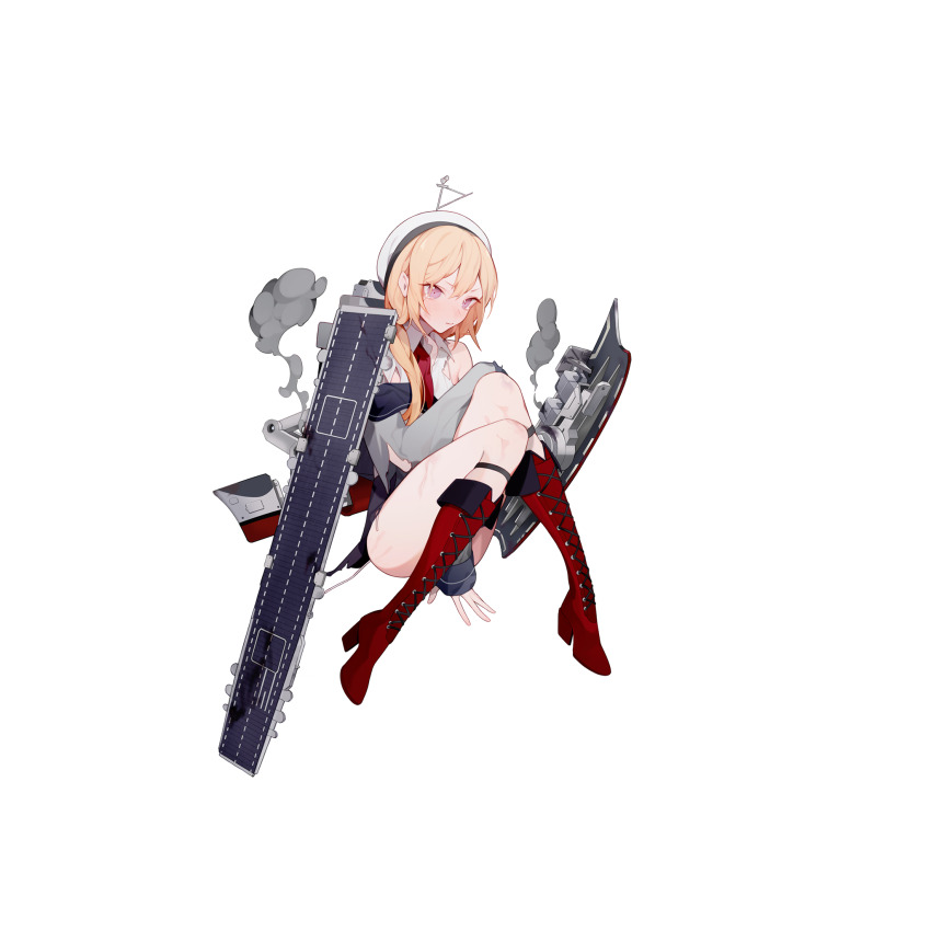 arms_between_legs, artist_request, blue_sailor_collar, blush, boots, brown_hair, dress, flight_deck, grey_dress, highres, knees_together_feet_apart, long_hair, long_sleeves, looking_at_viewer, official_art, panties, pink_panties, ponytail, purple_eyes, red_boots, rigging, rudder_footwear, sailor_collar, san_jacinto_(warship_girls_r), torn_clothes, torn_dress, transparent_background, underwear, warship_girls_r