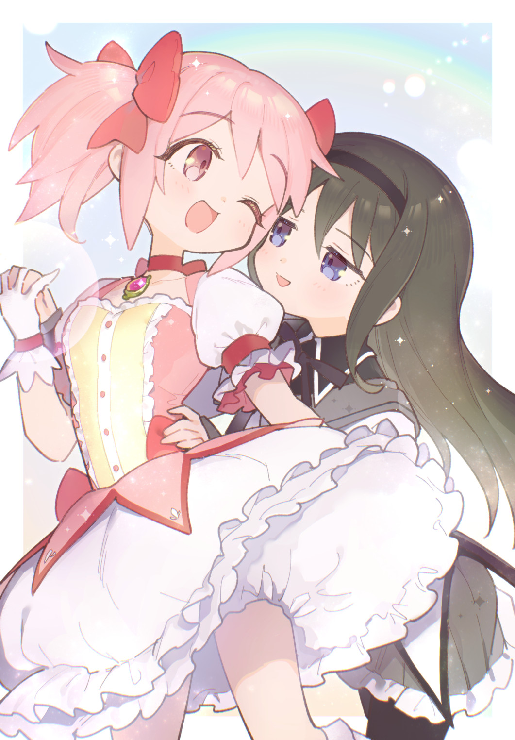 2girls, akemi_homura, akemi_homura_(magical_girl), black_hair, black_hairband, child, commentary_request, dress