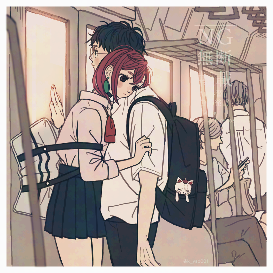 1boy, 1girl, ayase_momo, backpack, bag, black_bag, black_choker, black_hair