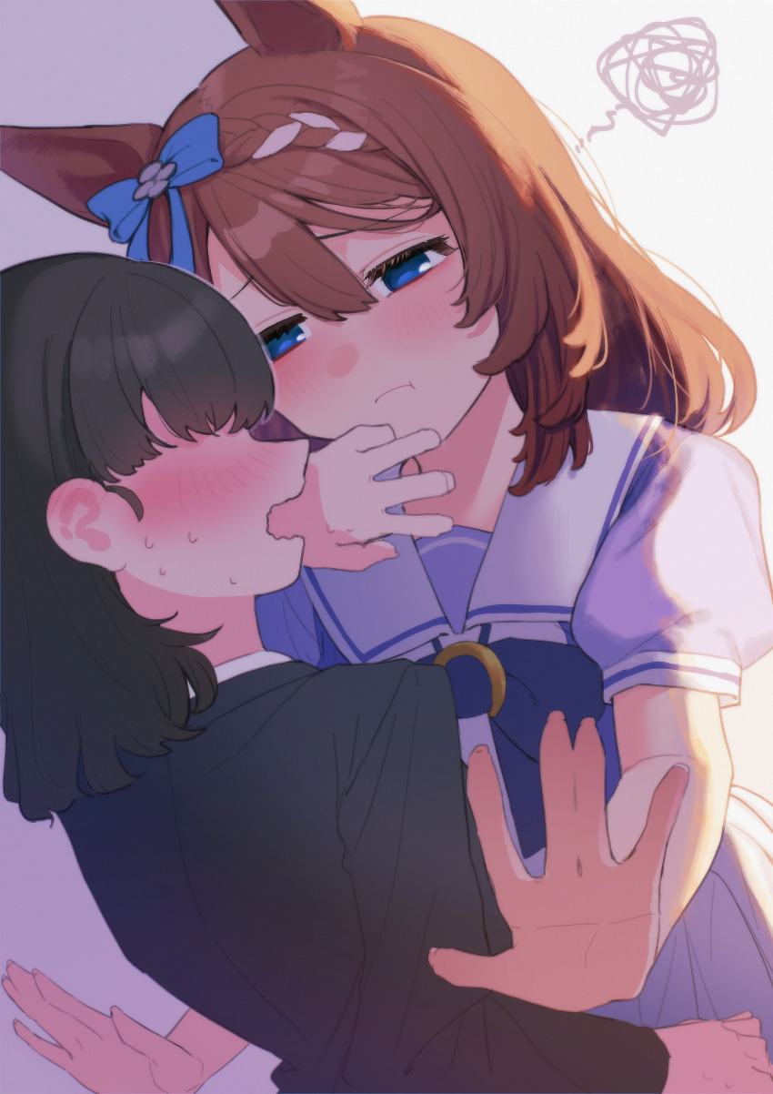 2girls, animal_ears, black_hair, black_jacket, blue_eyes, blush, brown_hair, closed_mouth, commentary_request, female_trainer_(umamusume), highres, horse_ears, horse_girl, housaninsanity, jacket, long_hair, looking_at_another, medium_hair, multiple_girls, no_eyes, purple_shirt, school_uniform, shirt, squiggle, super_creek_(umamusume), sweat, tracen_school_uniform, trainer_(umamusume), umamusume, yuri