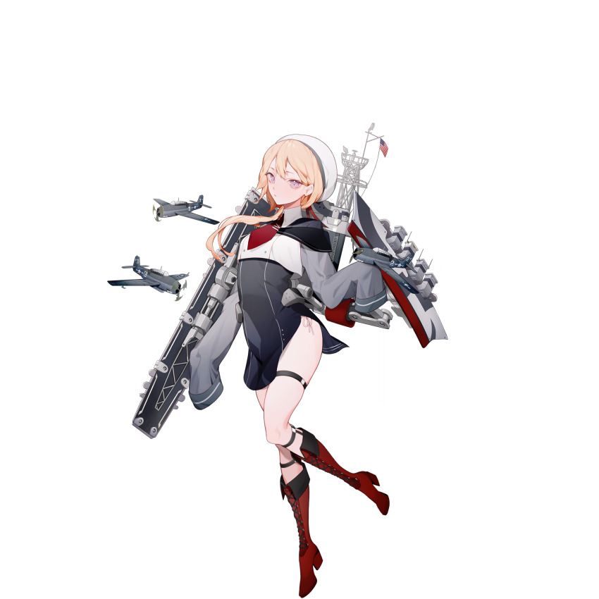 american_flag, artist_request, blue_sailor_collar, boots, dress, full_body, grey_dress, hat