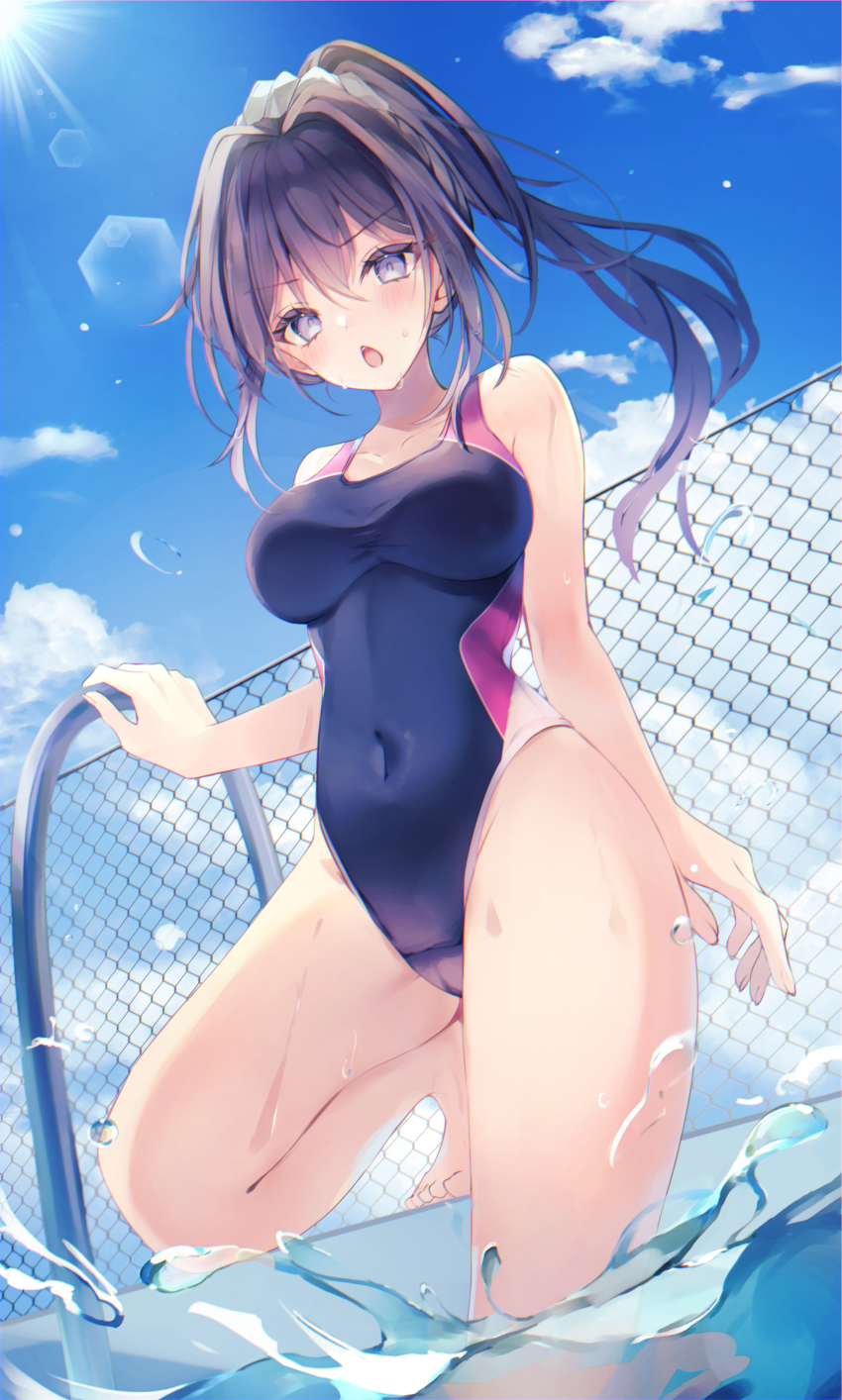 1girl, absurdres, black_hair, black_one-piece_swimsuit, blue_sky, breasts, chain-link_fence, cloud, commentary_request, commission, competition_swimsuit, covered_navel, day, feet_out_of_frame, fence, hamonika_monika, highleg, highleg_one-piece_swimsuit, highres, long_hair, medium_breasts, one-piece_swimsuit, original, outdoors, ponytail, pool_ladder, purple_eyes, skeb_commission, sky, solo, swimsuit, two-tone_one-piece_swimsuit, water