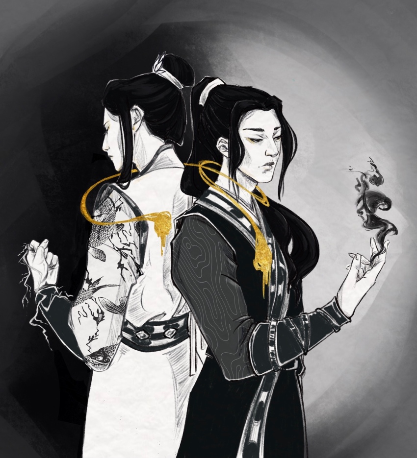 2boys, alifreeart, animal_print, back-to-back, belt, black_hair, black_robe, bracer, chinese_clothes, clenched_hand, closed_mouth, commentary, earrings, english_commentary, eyeliner, fish_print, frown, gold, golden_core, grey_background, greyscale, hair_bun, hanfu, high_contrast, high_ponytail, highres, jewelry, jiang_cheng, lightning, lightning_bolt_print, long_hair, long_sleeves, looking_at_viewer, magic, makeup, male_focus, modao_zushi, monochrome, multiple_boys, ponytail, print_robe, ring, robe, single_hair_bun, spoilers, spot_color, symbolism, topknot, upper_body, wei_wuxian, white_robe, xiao_guan_(headdress), yellow_eyeliner