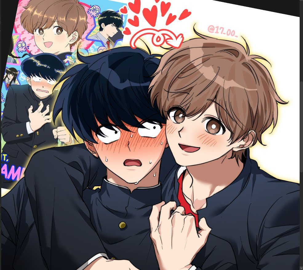 17_00, 2boys, arrow_(symbol), black_hair, black_jacket, blush, bright_pupils, brown_eyes