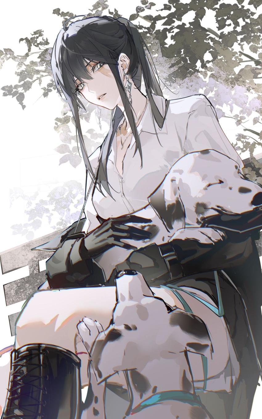 1girl, animal, animal_on_lap, bench, black_boots, black_gloves, black_jacket, blurry