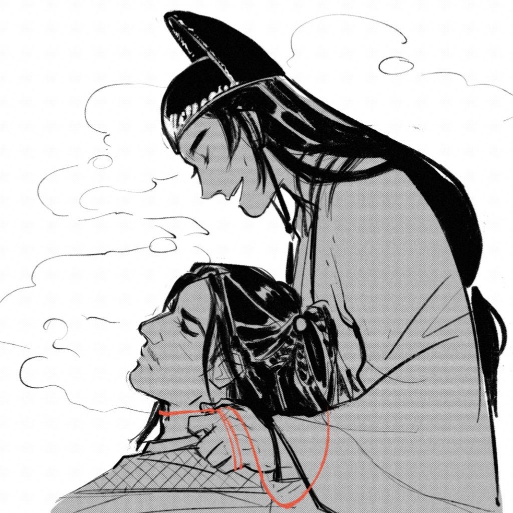 2boys, alt_text, black_hair, braid, chinese_clothes, closed_eyes, closed_mouth, cloud, commentary, dimple, english_commentary, facial_hair, from_side, frown, greyscale, halftone, hanfu, hat, hawberries, high_ponytail, jin_(headwear), jin_guangyao, lap_pillow, layered_clothes, long_hair, long_sleeves, male_focus, modao_zushi, monochrome, multiple_boys, mustache, nie_mingjue, open_mouth, ponytail, side_braid, simple_background, sketch, smile, spot_color, string, string_around_neck, string_of_fate, tang_jin_(headwear), upper_body, very_long_hair, white_background, wide_sleeves, yaoi