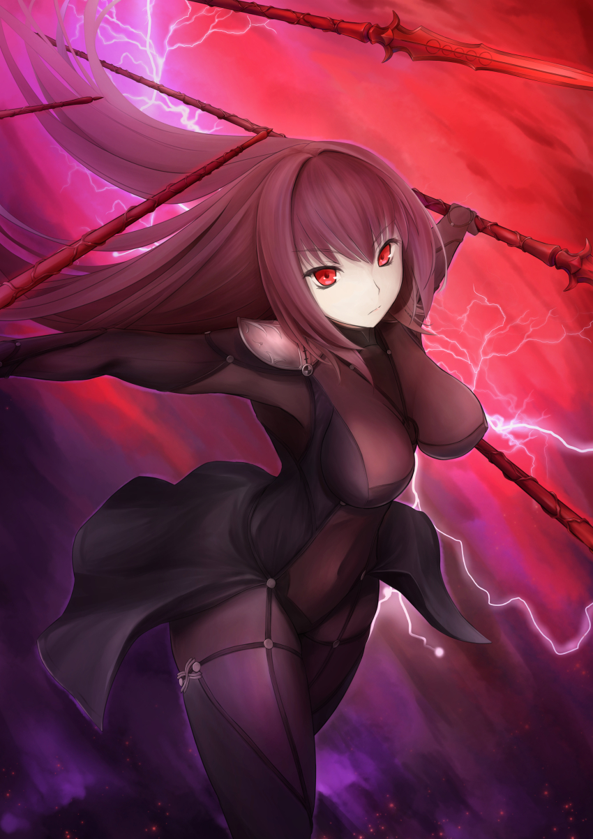 1girl, absurdres, armor, bodysuit, breasts, commentary_request, covered_navel, fate/grand_order, fate_(series), gae_bolg_(fate), highres, large_breasts, long_hair, looking_at_viewer, pauldrons, polearm, purple_bodysuit, purple_hair, red_eyes, scathach_(fate), scathach_(lancer)_(fate), shoulder_armor, solo, spear, thighs, weapon, yuniyuni