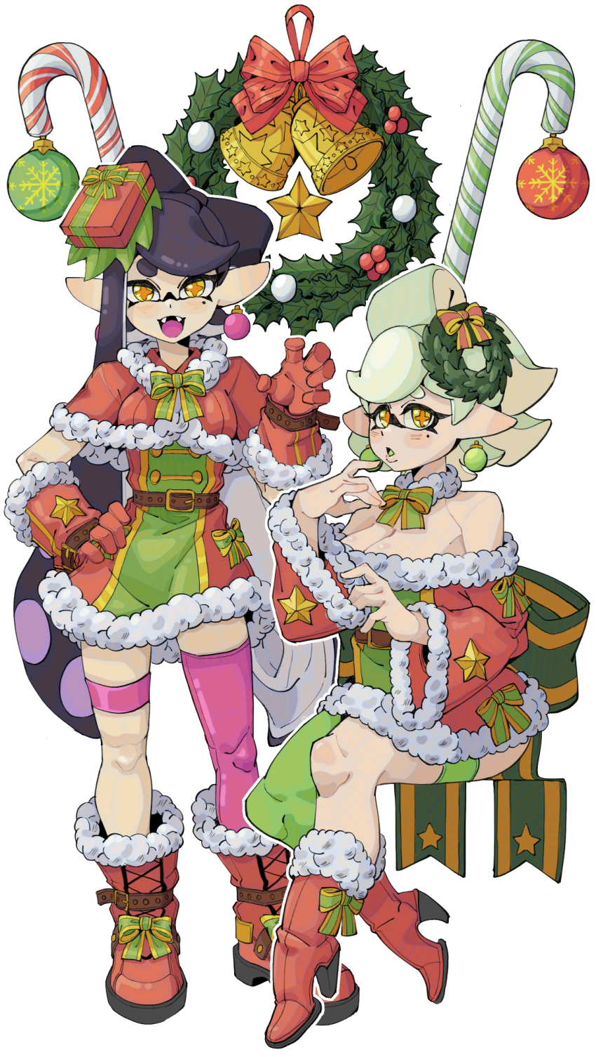 2girls, alternate_costume, bell, belt, black_hair, blush, boom_(pixiv_17287082), boots